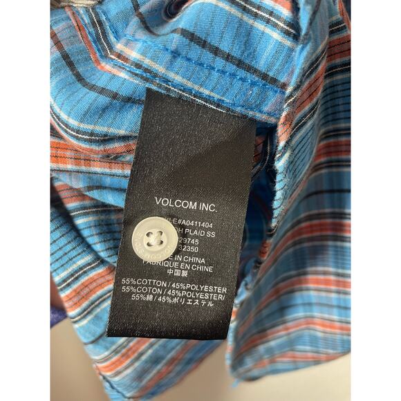 Volcom Mens Plaid Shirt Button Up Blue Orange Short Sleeve Classic Fit Medium - Picture 5 of 6